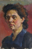 Портрет женщины бордовый фон31-21см. холст масло 1957г