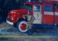 Пожарник 34,5-49 см. картон, масло 1987г 