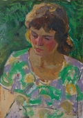  Портрет дувушки на зеленом фоне  50-36 см.  картон масло 1960г 