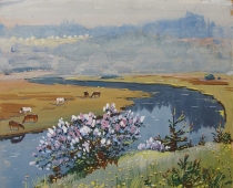 Цветет сирень у реки 19,5-16 см. картон 1980е 