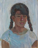 Портрет девочки с косичками  43-34 см.  картон масло 1960е 