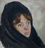  Портрет женщины с черной шалью 37-35см.  картон масло 19 70е 