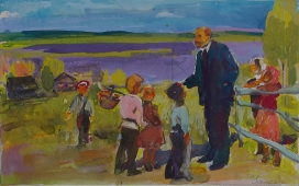 Ленин с детьми 20-32 см. картон гуашь 1970е 