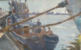 Возле причала 26,5-16,5 см., бумага, масло 1940-1980 
