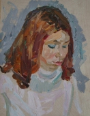  Портрет девушки с длинными волосами 44-34 см.  картон масло 1978г 