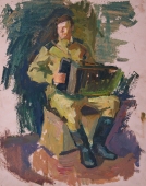 Солдат играет на гармошке 50-39.5 см.  картон масло 1970е 