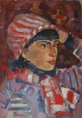 Портрет девушки в полосатой шапке  50-35 см.  картон масло 1963г