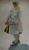 Девушка с книгой 64-37 см. картон масло 1960е 
