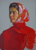 Девушка в красном  34,5-24,5 см.  картон масло 1970е 