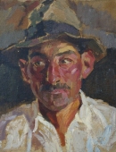  Портрет мужчины в белой сорочке  33-25 см.  картон масло 1960е 