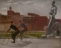 Итальянские работники на велосипедах 1935. Холст, масло.