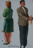 Девушка и парень случайная встреча  50-33,5 см. картон масло 1970е 