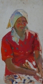 Портрет женщины в красном  70-36 см. картон масло  1960е 
