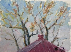 Деревья над крышей (этюд) 20-30 см., картон, масло 1982 