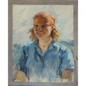 Портрет девушки в красной косынке 38-31 картон, холст, масло 1950г.